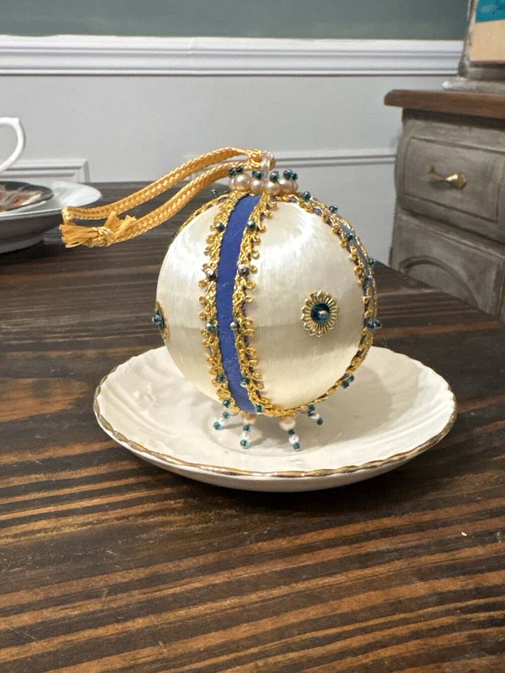 Handmade Beaded Satin Christmas Ornament White and Blue